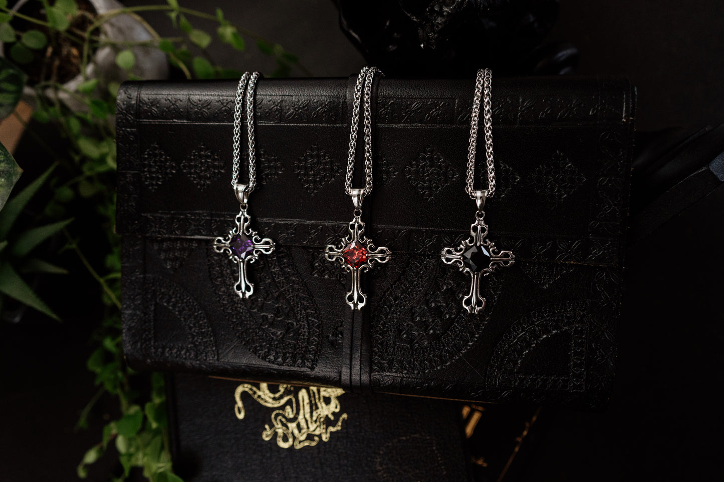 Silver Gothic Cross Pendant Necklace with Gemstone in Stainless Steel