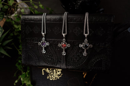 Silver Gothic Cross Pendant Necklace with Gemstone