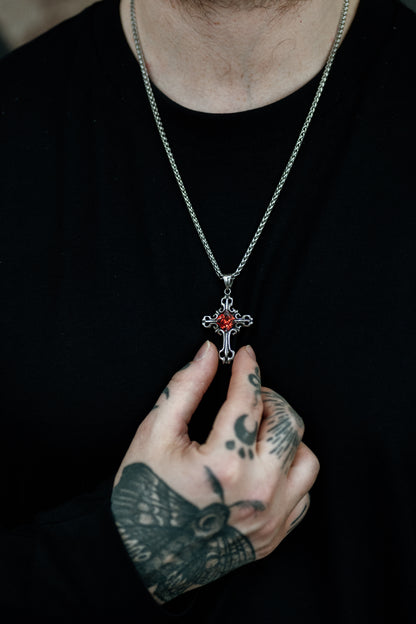 Silver Gothic Cross Pendant Necklace with Gemstone