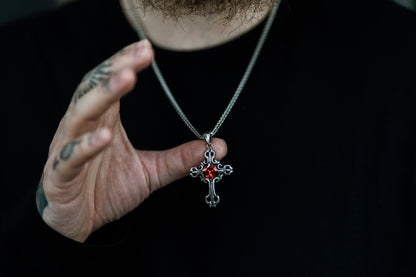 Silver Gothic Cross Pendant Necklace with Gemstone