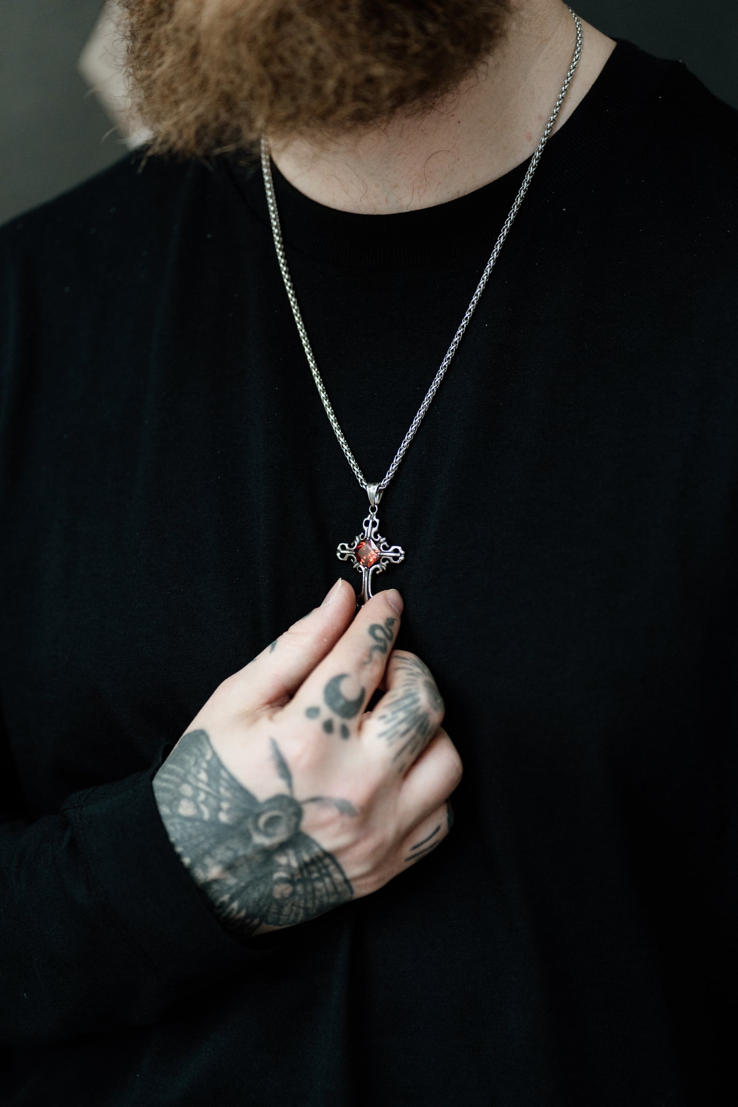 Silver Gothic Cross Pendant Necklace with Gemstone in Stainless Steel