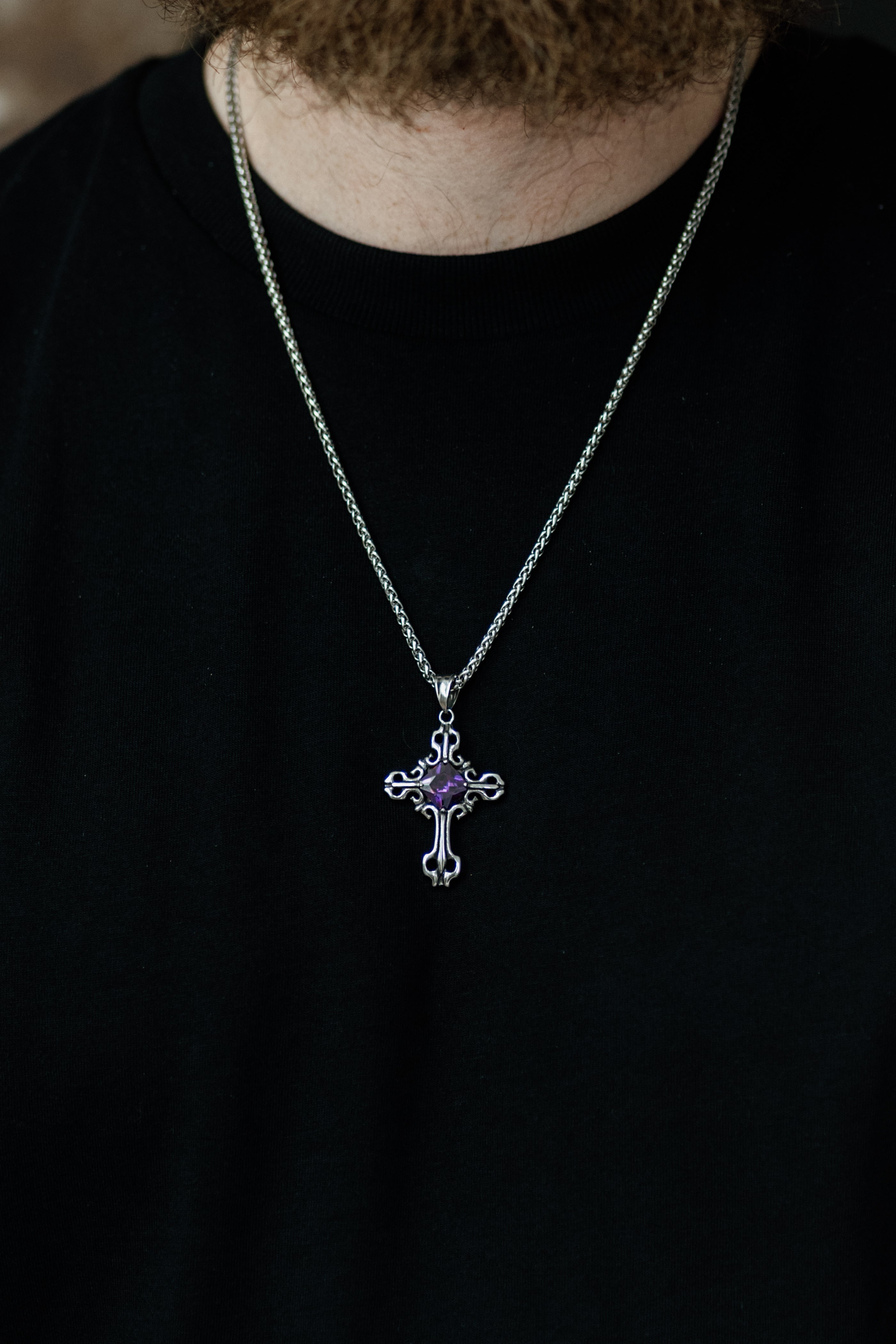Silver Gothic Cross Pendant Necklace with Gemstone