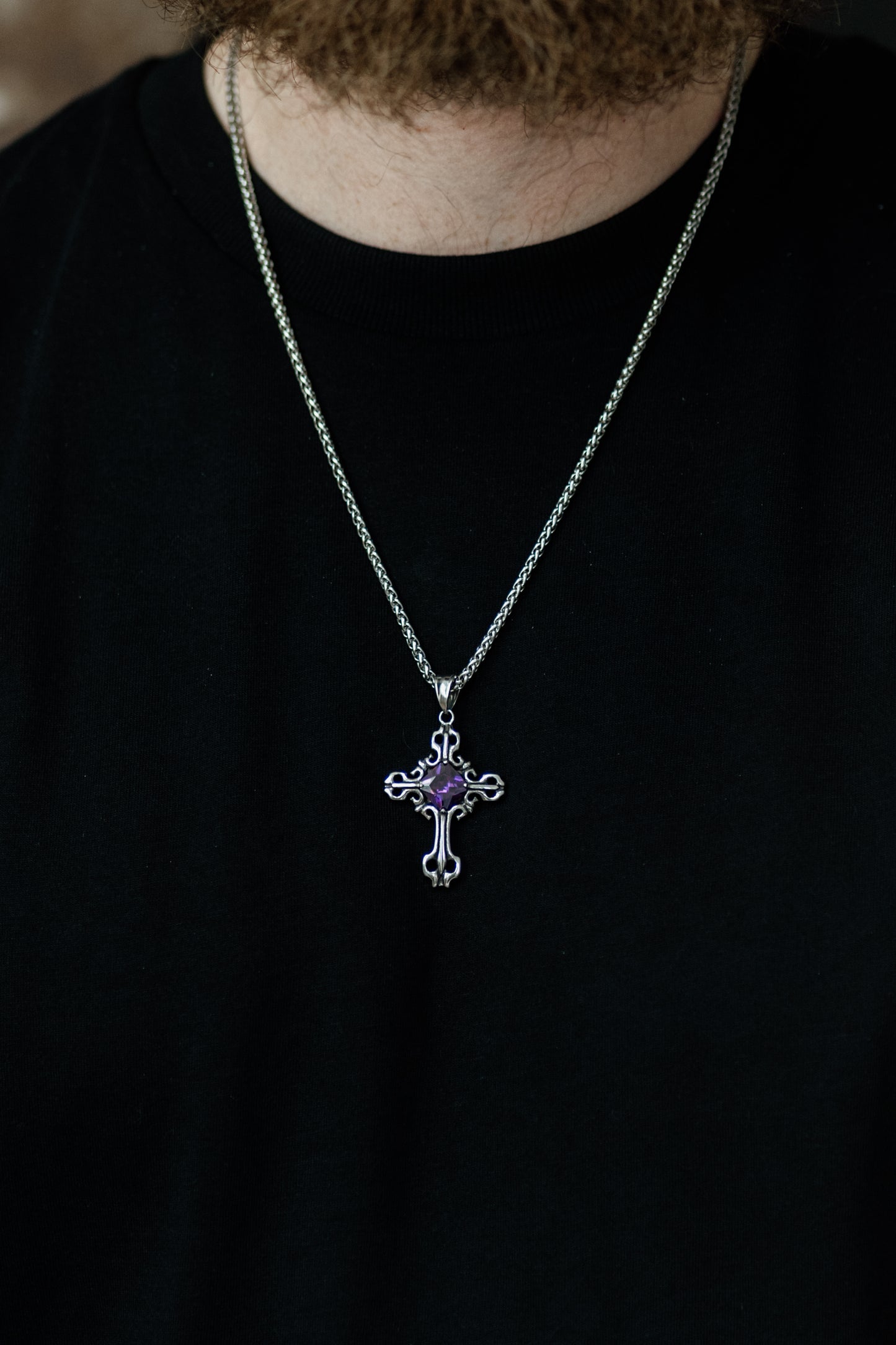 Silver Gothic Cross Pendant Necklace with Gemstone in Stainless Steel
