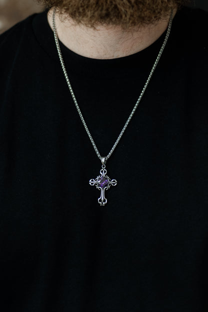 Silver Gothic Cross Pendant Necklace with Gemstone