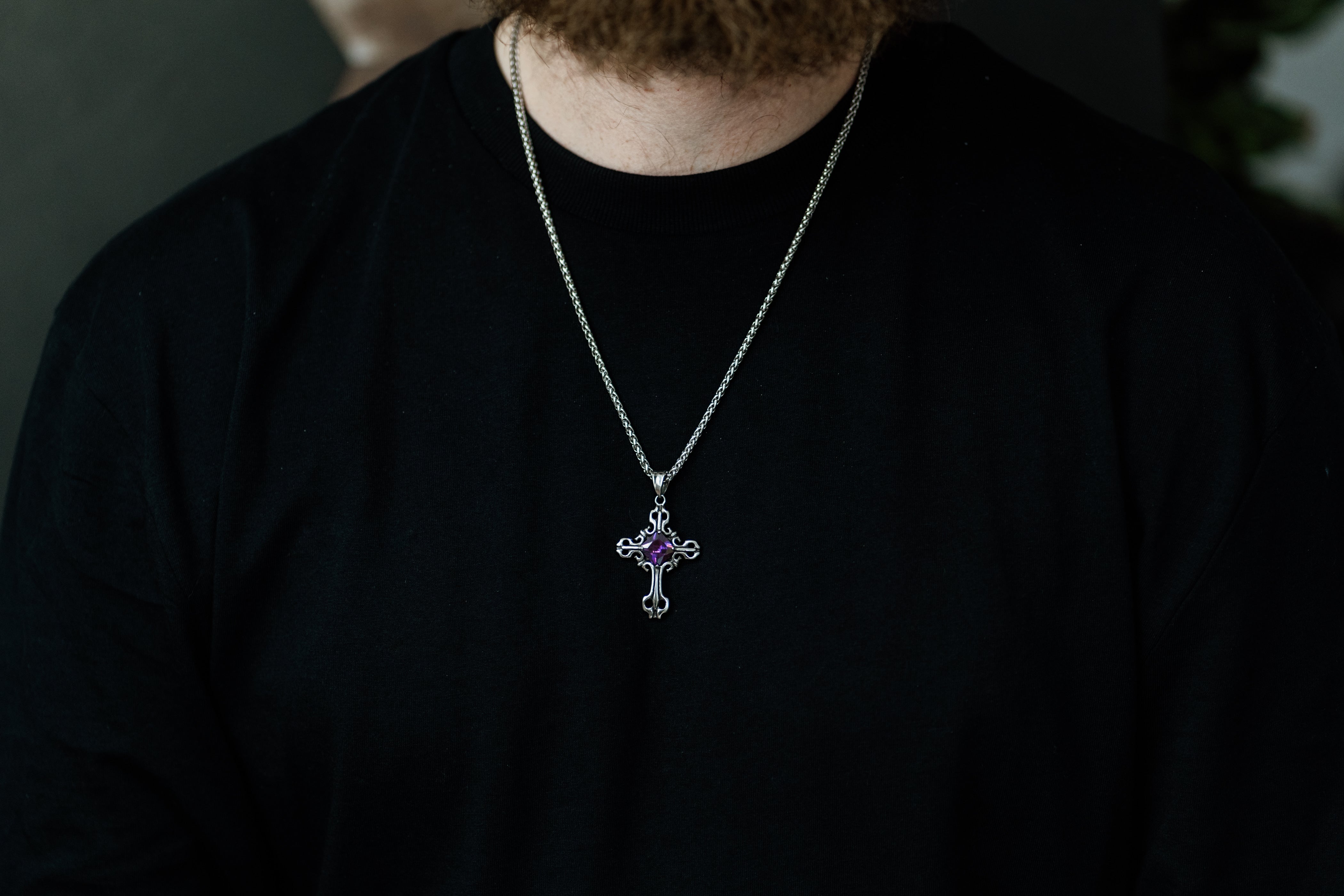 Silver Gothic Cross Pendant Necklace with Gemstone