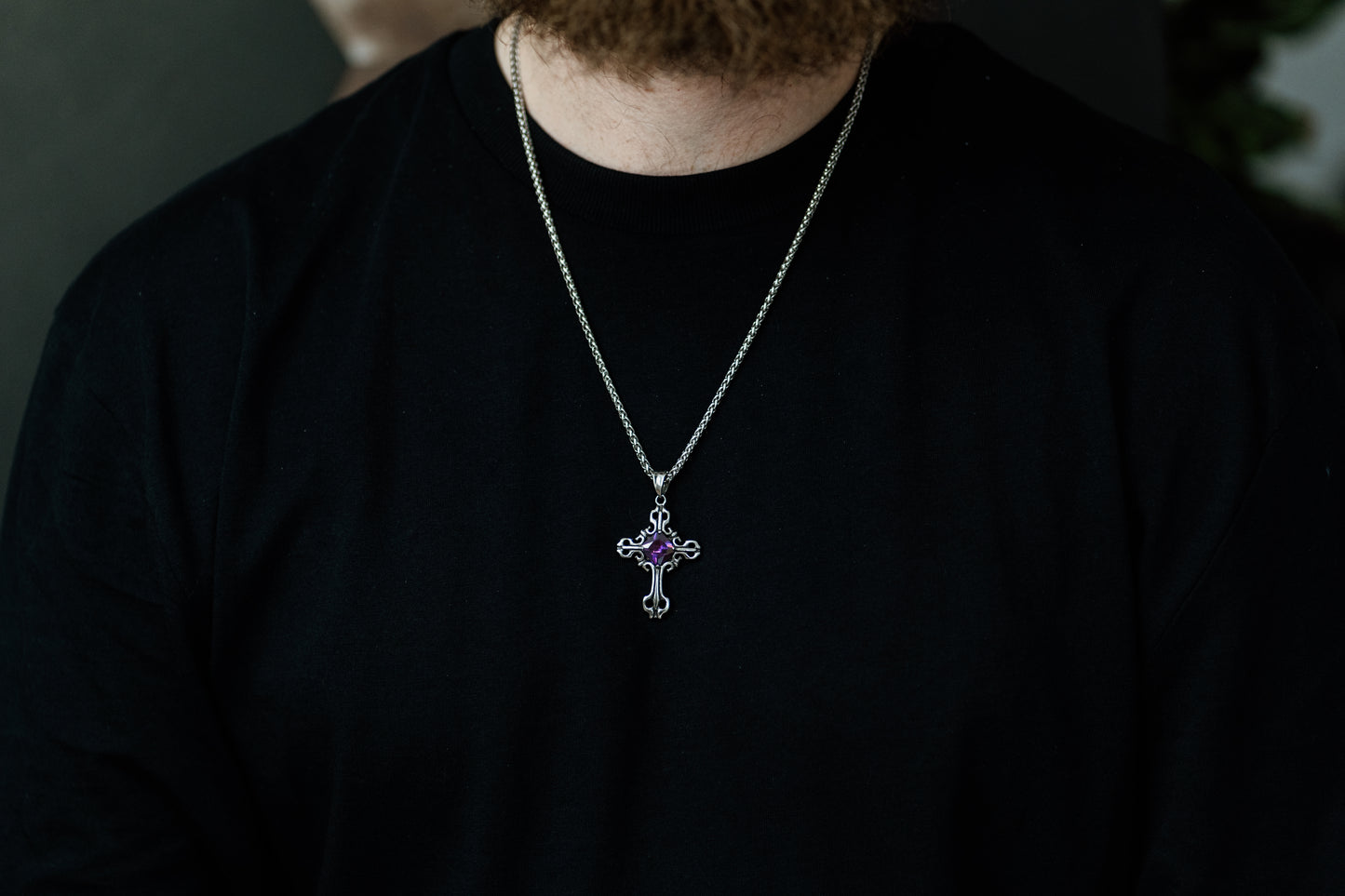 Silver Gothic Cross Pendant Necklace with Gemstone in Stainless Steel