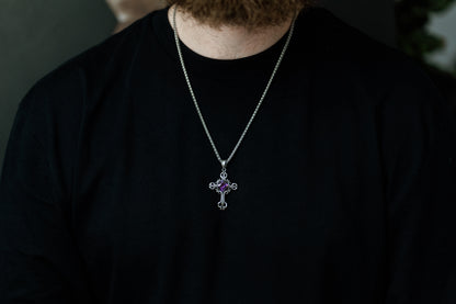 Silver Gothic Cross Pendant Necklace with Gemstone