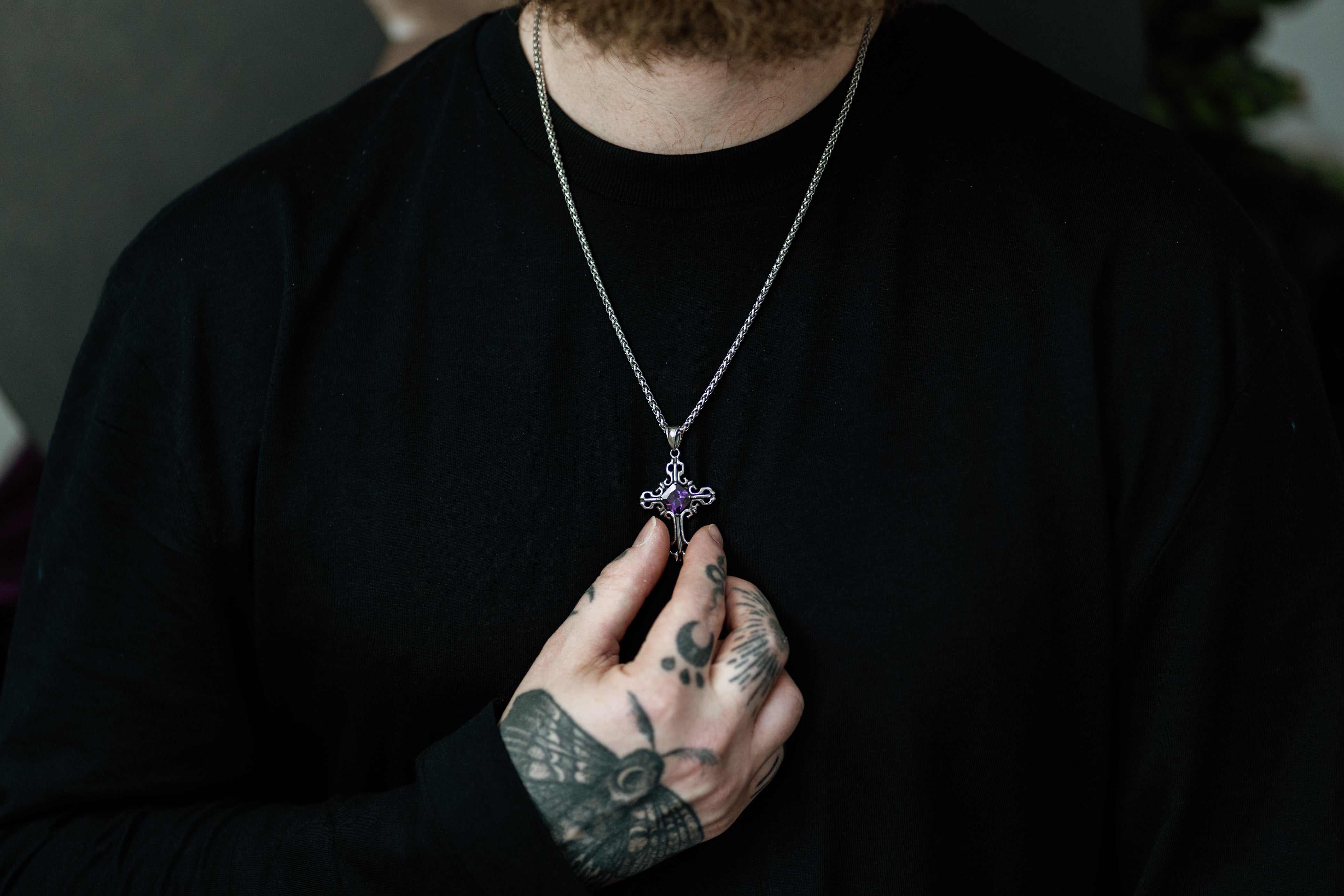 Silver Gothic Cross Pendant Necklace with Gemstone