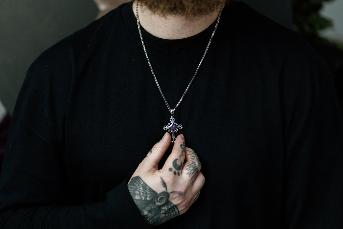 Silver Gothic Cross Pendant Necklace with Gemstone in Stainless Steel