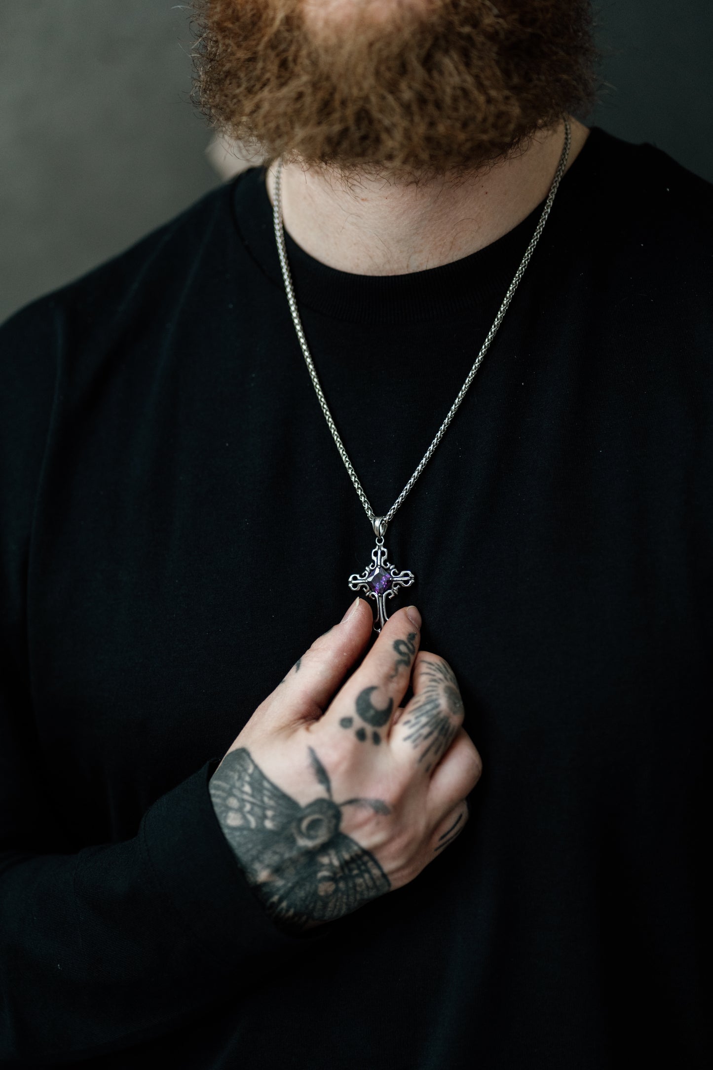 Silver Gothic Cross Pendant Necklace with Gemstone in Stainless Steel