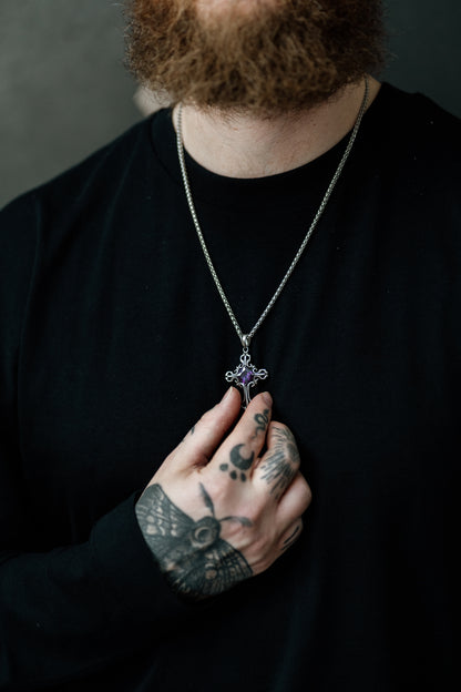 Silver Gothic Cross Pendant Necklace with Gemstone