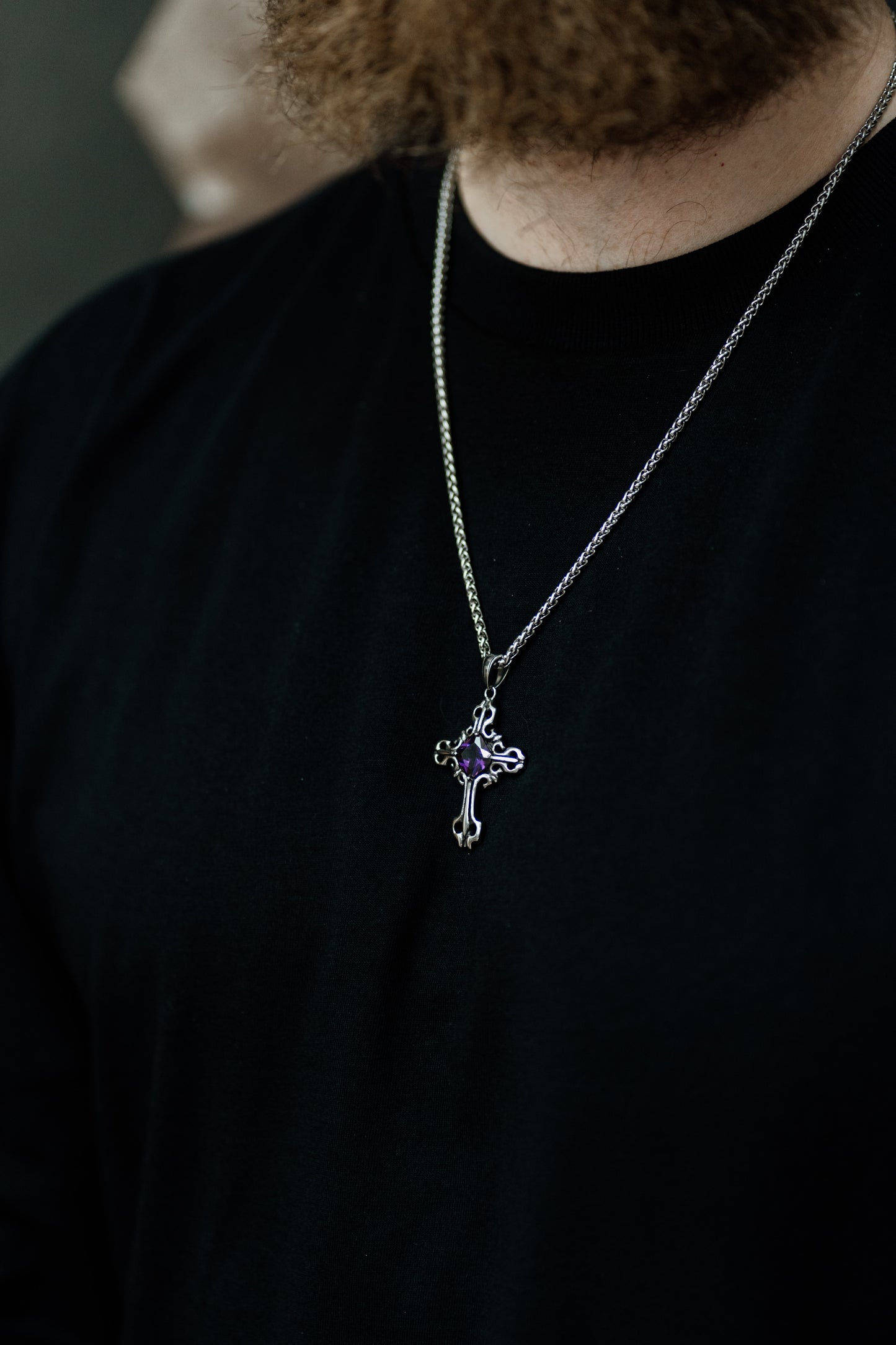 Silver Gothic Cross Pendant Necklace with Gemstone in Stainless Steel