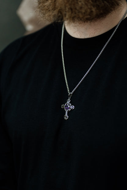 Silver Gothic Cross Pendant Necklace with Gemstone