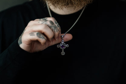 Silver Gothic Cross Pendant Necklace with Gemstone