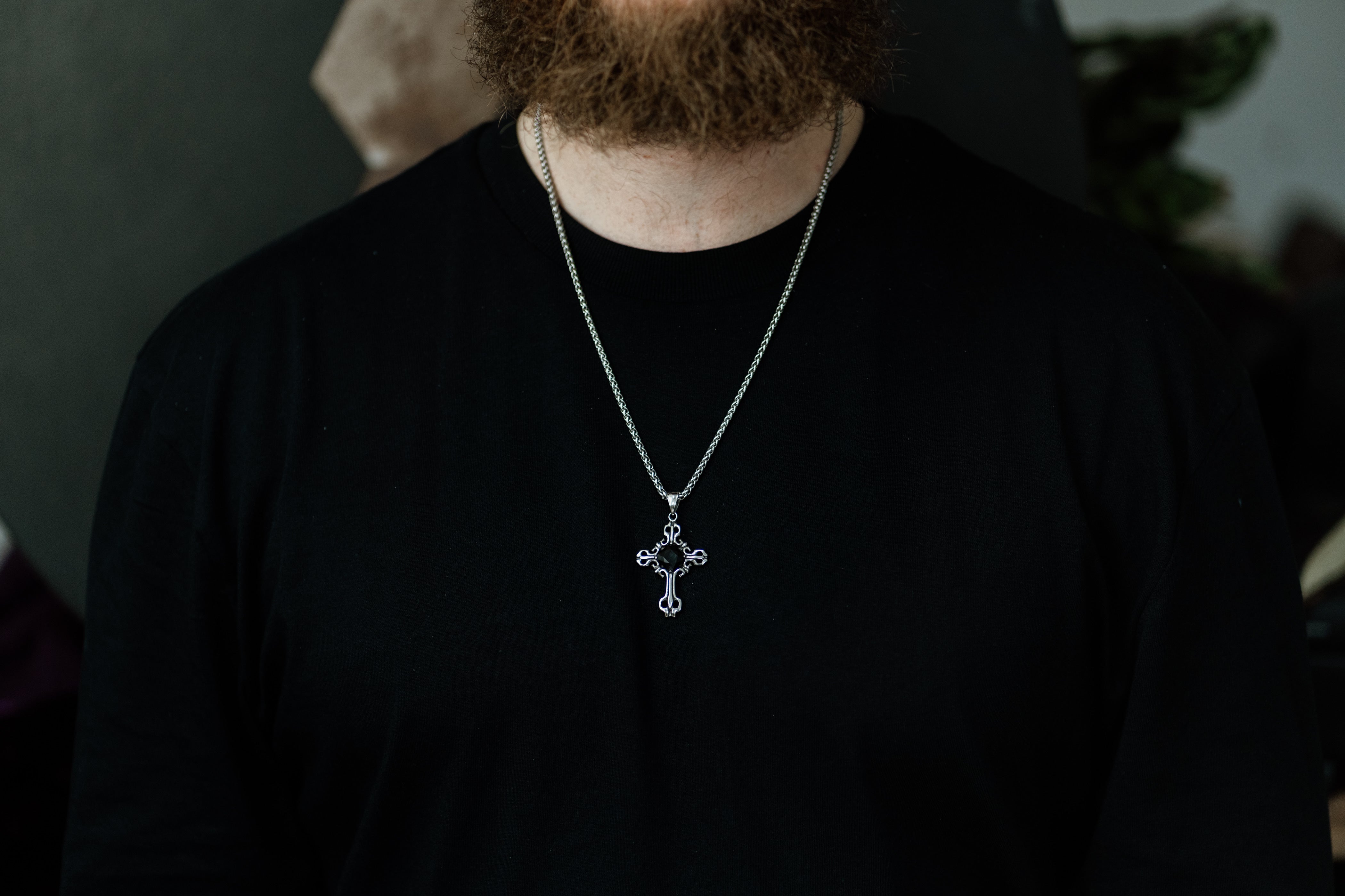 Silver Gothic Cross Pendant Necklace with Gemstone
