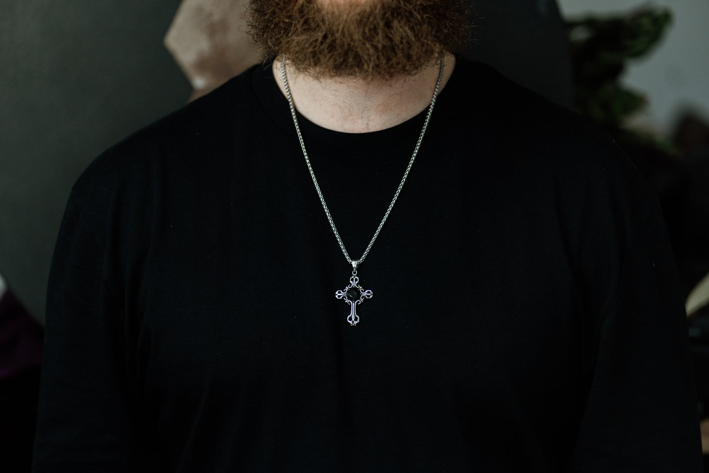 Silver Gothic Cross Pendant Necklace with Gemstone in Stainless Steel