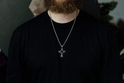 Silver Gothic Cross Pendant Necklace with Gemstone