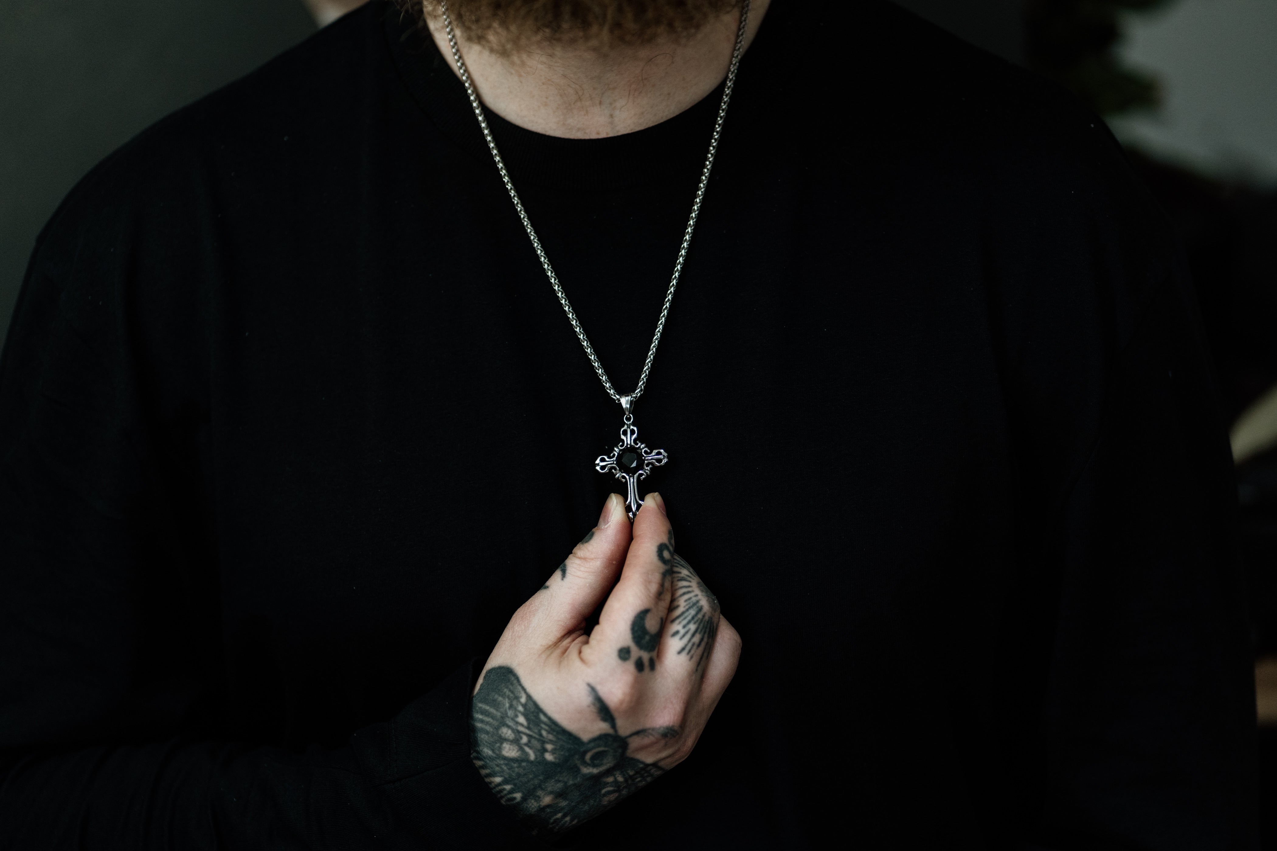 Silver Gothic Cross Pendant Necklace with Gemstone