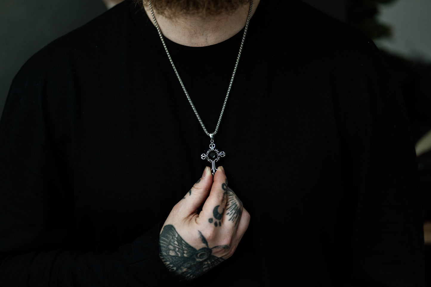 Silver Gothic Cross Pendant Necklace with Gemstone in Stainless Steel