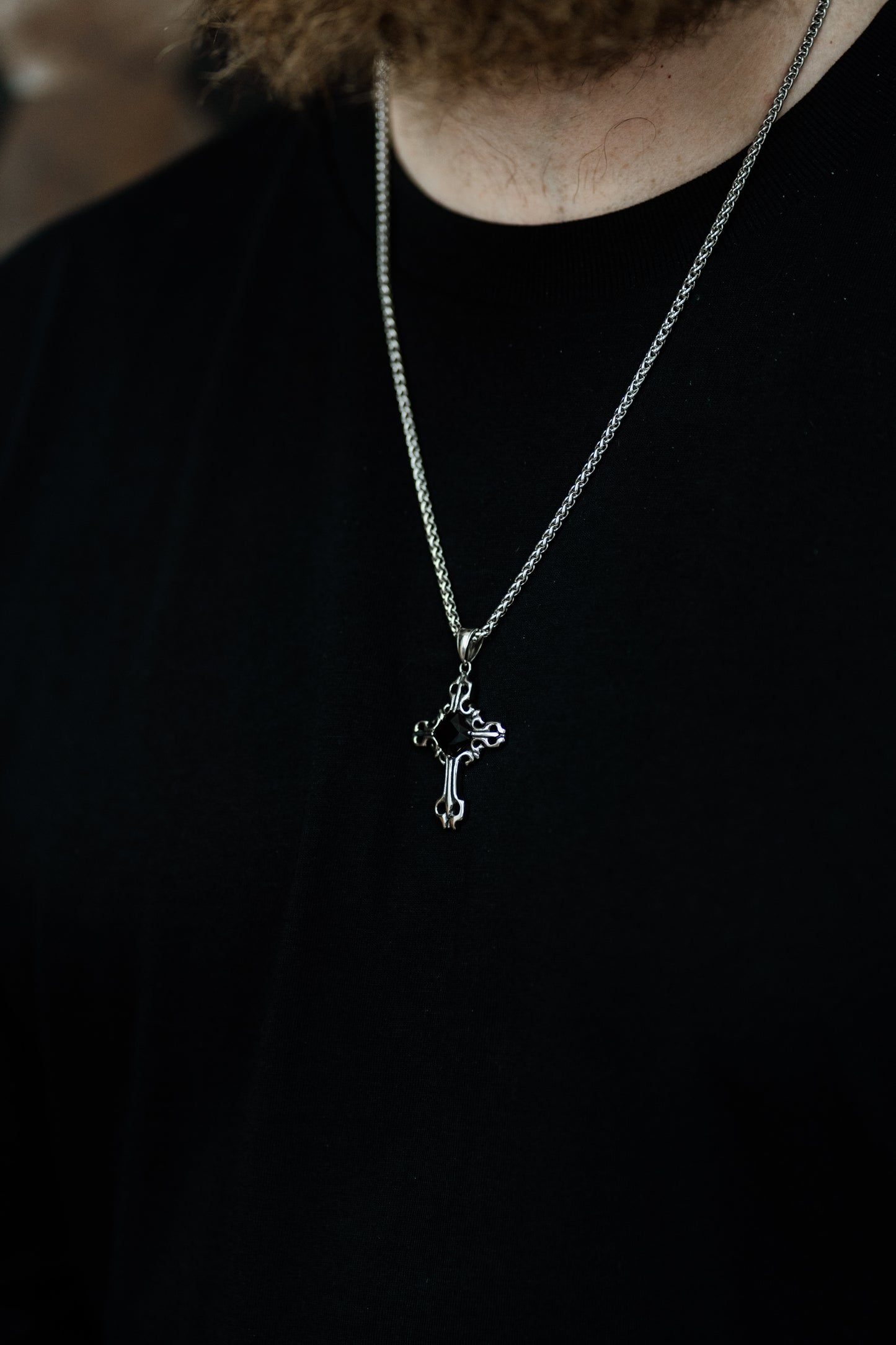 Silver Gothic Cross Pendant Necklace with Gemstone in Stainless Steel