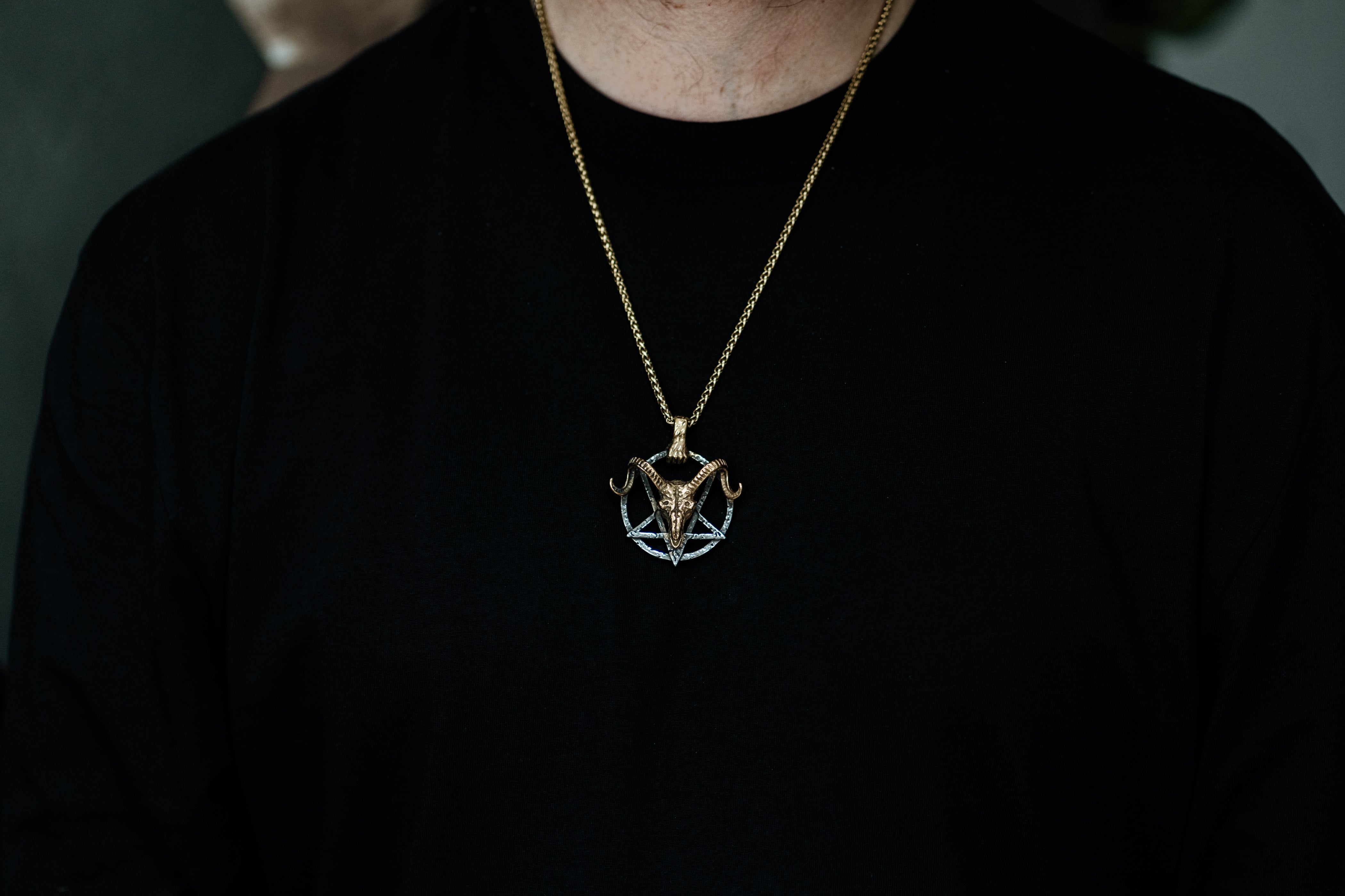 Occult Ram Skull Pentagram Pendant Necklace