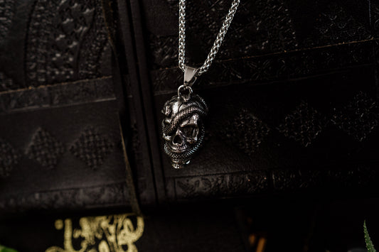 Venomshroud – Detailed Snake and Skull Necklace in Stainless Steel