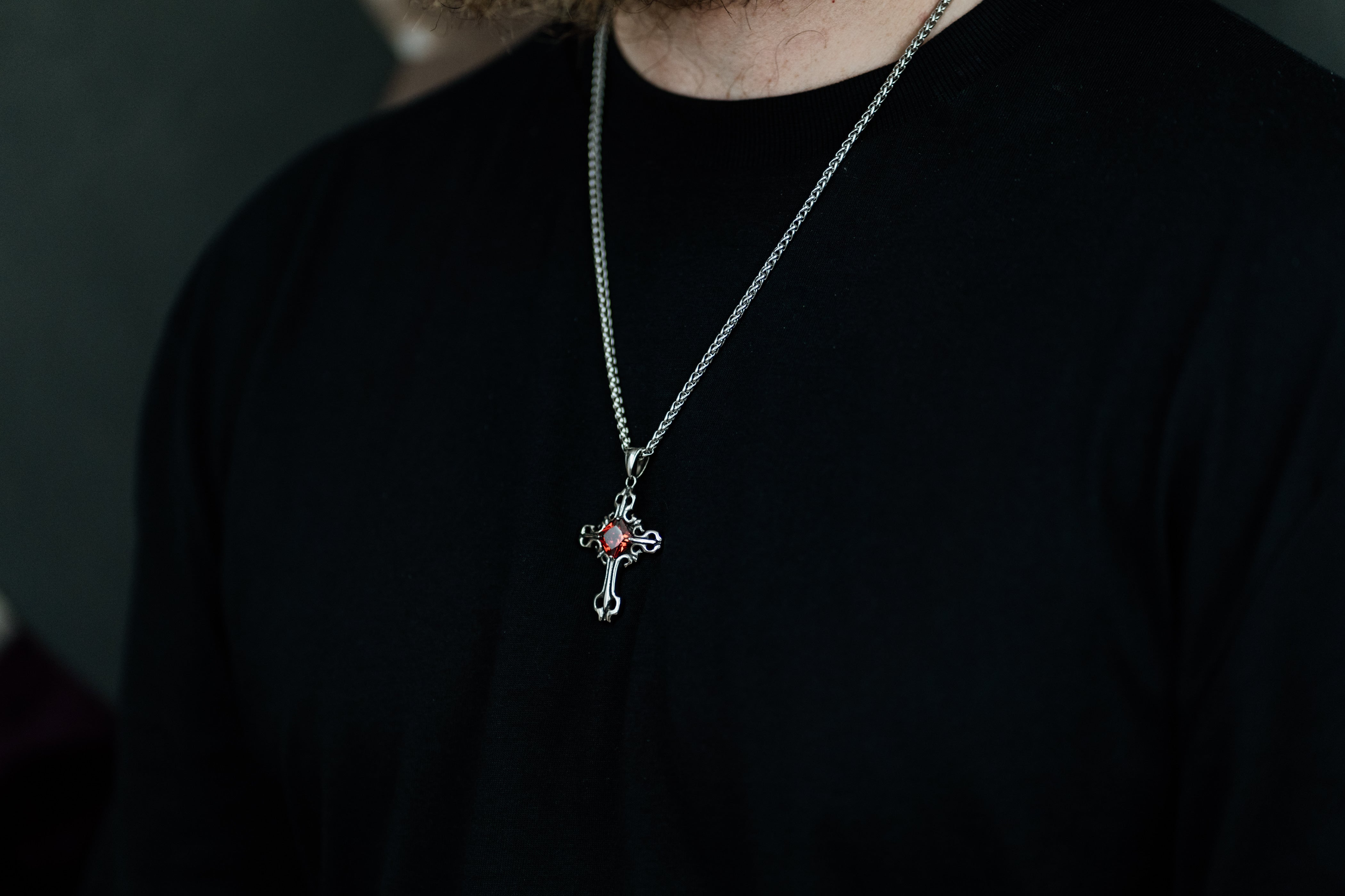 Silver Gothic Cross Pendant Necklace with Gemstone