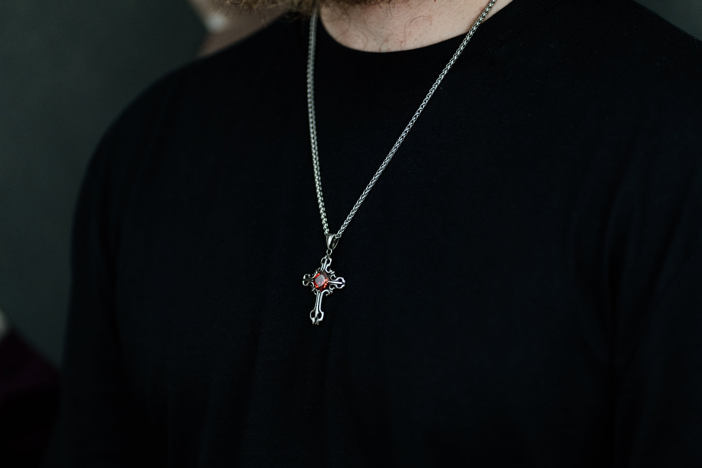 Silver Gothic Cross Pendant Necklace with Gemstone in Stainless Steel