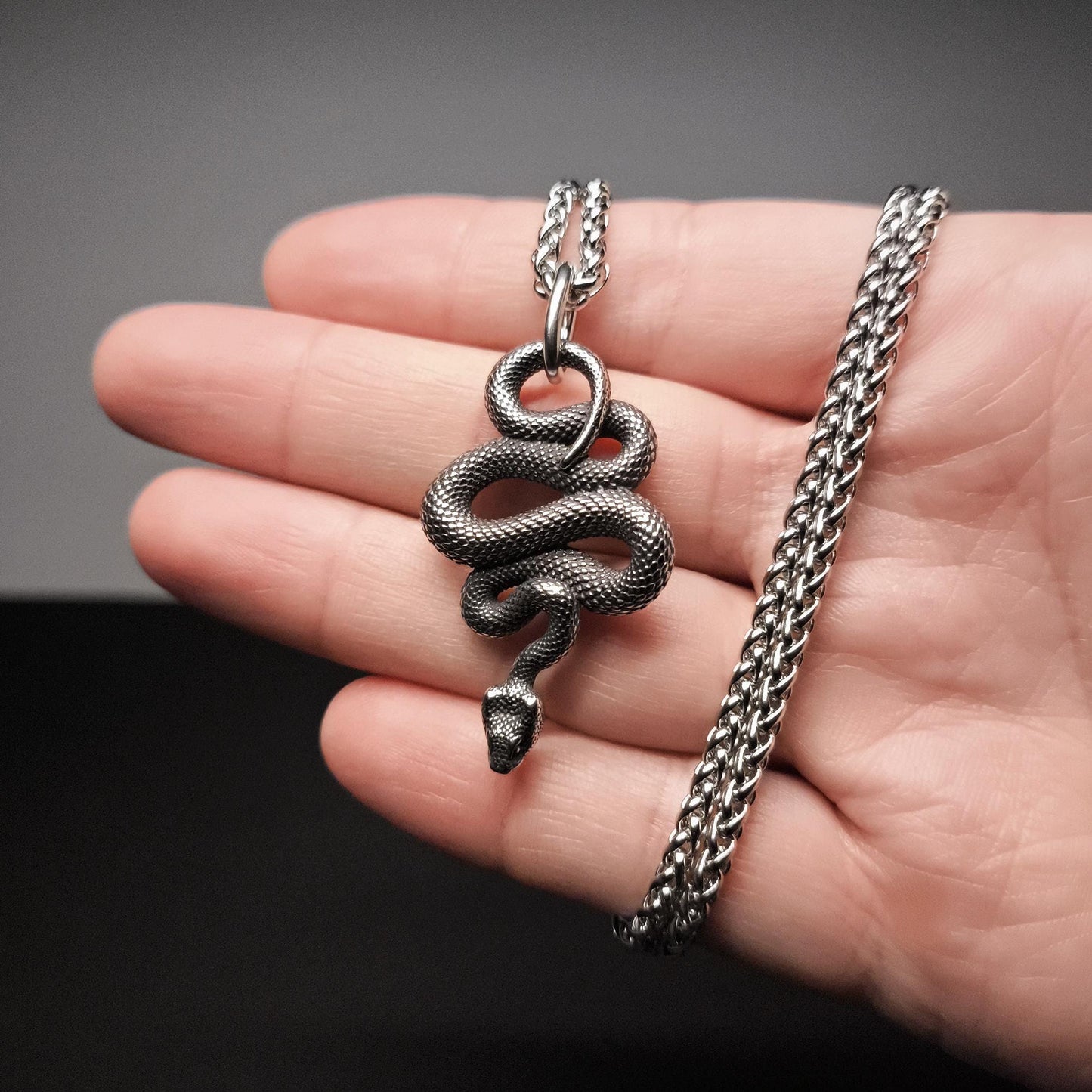 Dark Silver Coiled Serpent Pendant Necklace