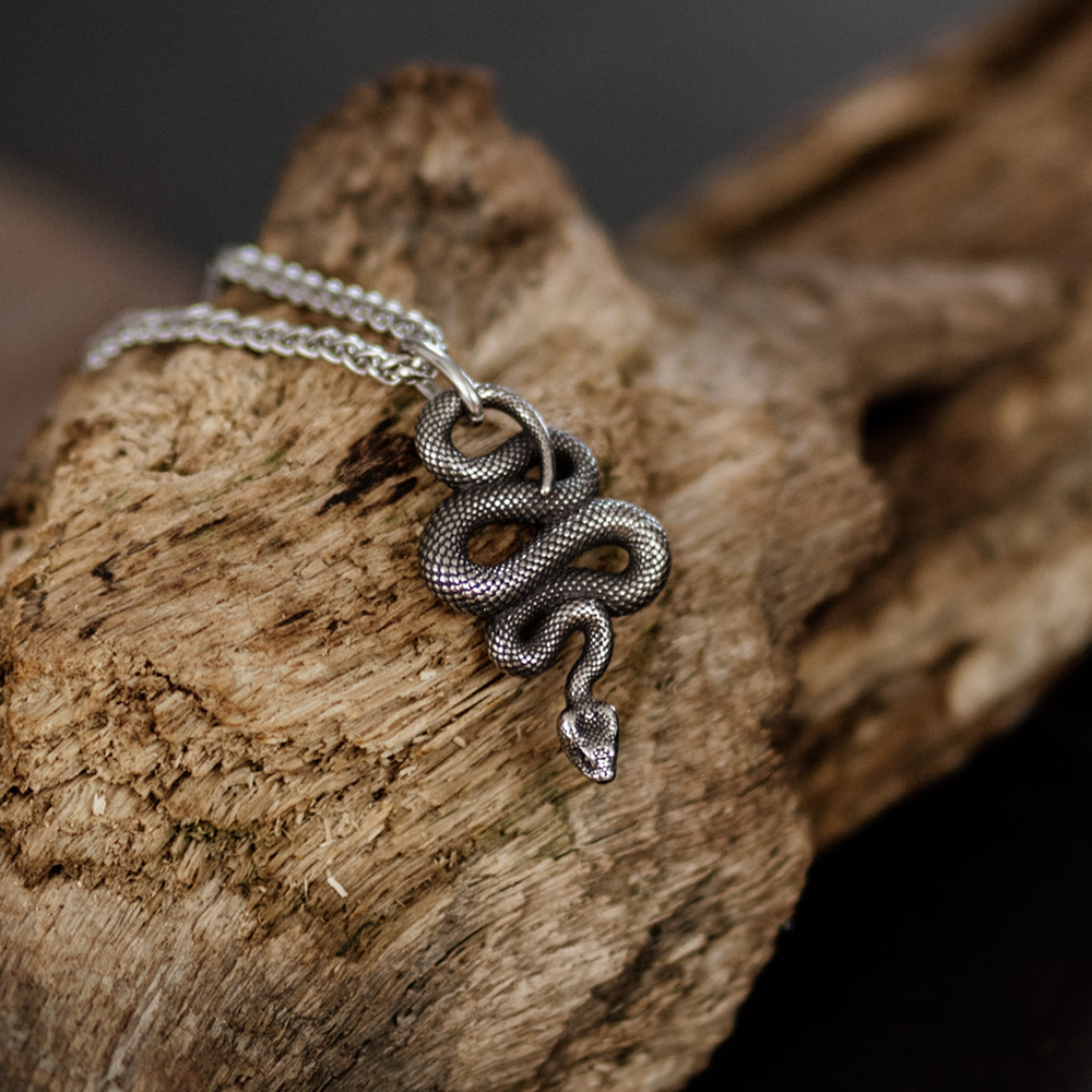 Dark Silver Coiled Serpent Pendant Necklace